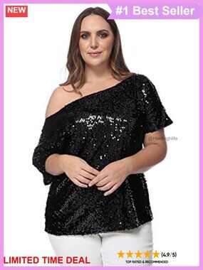 Plus Size Sequin One Shoulder Short Sleeve Party Club Top